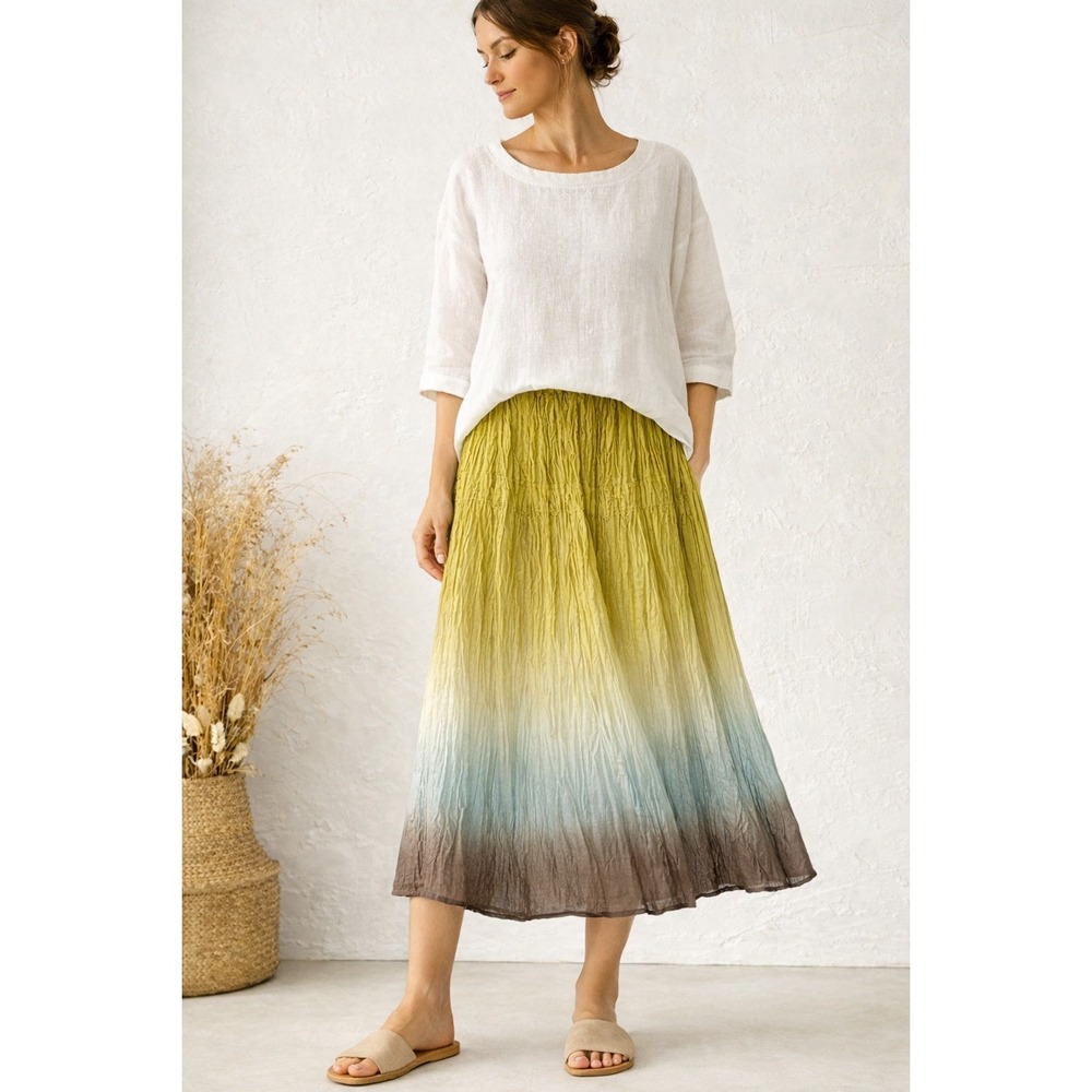 Silk Beaded Crinkle Midi Skirt Size‎ 10 Ombre Green Boho Lagenlook Minimalist